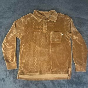Cozy Soft Brown Vintage Standard/Cloth Woven Velour Velvet Long-Sleeve Polo